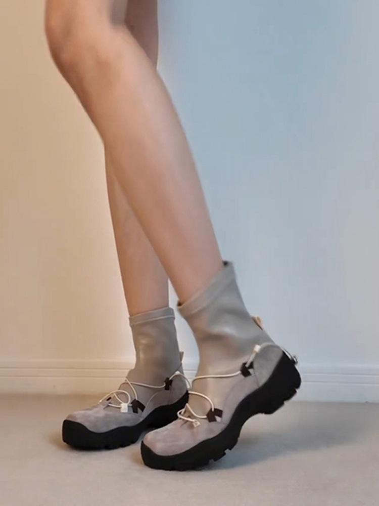 

Huge good-looking 2025 new leather thick-soled sports short boots, small height-increasing thin boots, elastic Martin boots 35