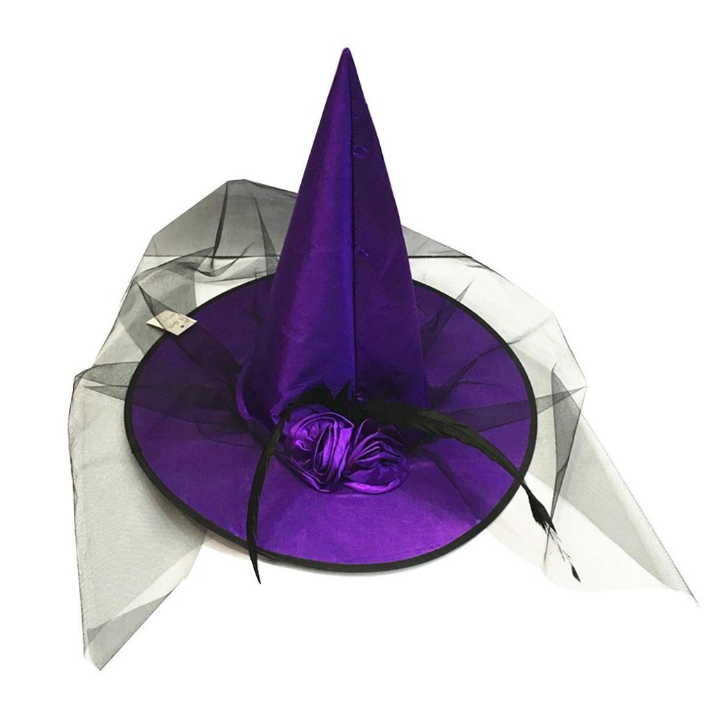 Halloween Witch Hat with Rose Flower Mesh for Adults & Kids - Masquerade Costume Party Accessory