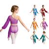 Children‘s Sparkle Gradient Rhinestone Dancewear One Shoulder Long Puff Sleeve Top with Applique Asymmetrical Draped Skirt for Recital Performance