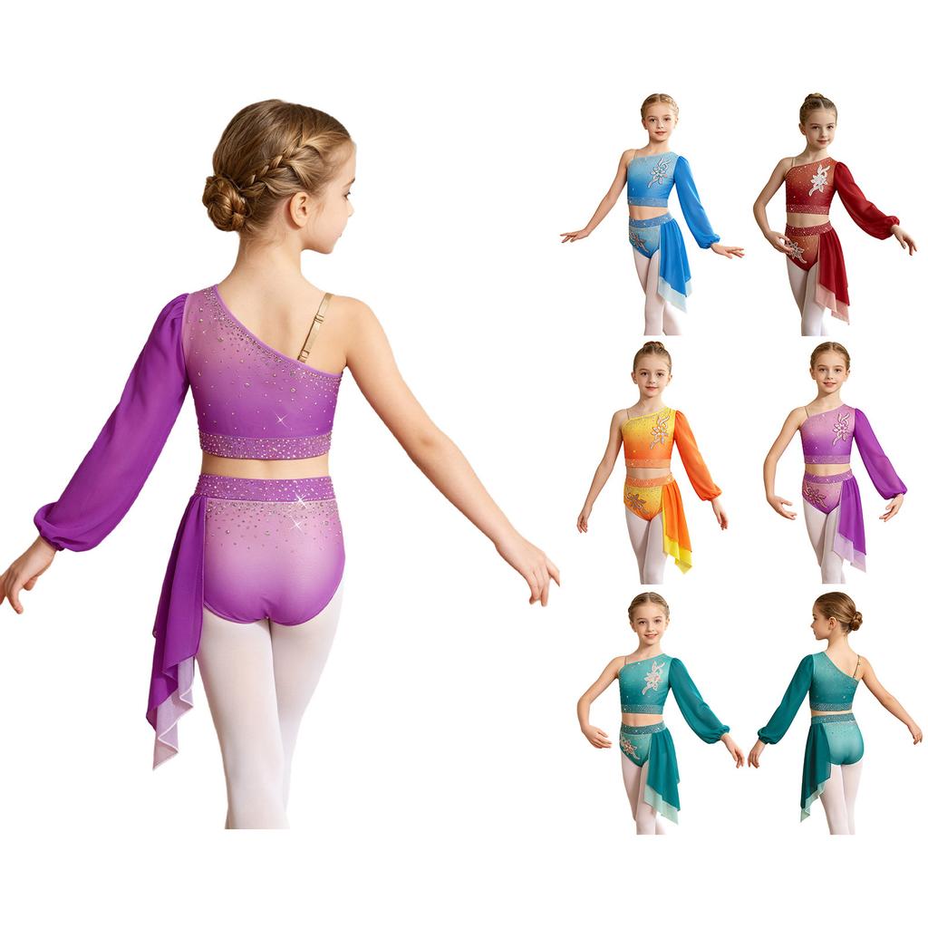 Children‘s Sparkle Gradient Rhinestone Dancewear One Shoulder Long Puff Sleeve Top with Applique Asymmetrical Draped Skirt for Recital Performance