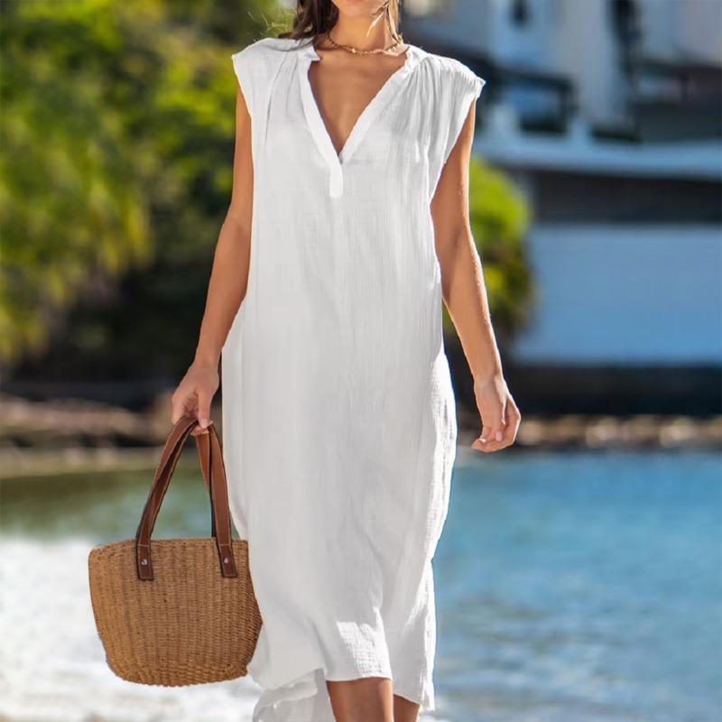 GMXIA Jaro Léto Dámské Neformální šaty Bavlna Len Bez rukávů Jednobarevné Šaty s výstřihem do V