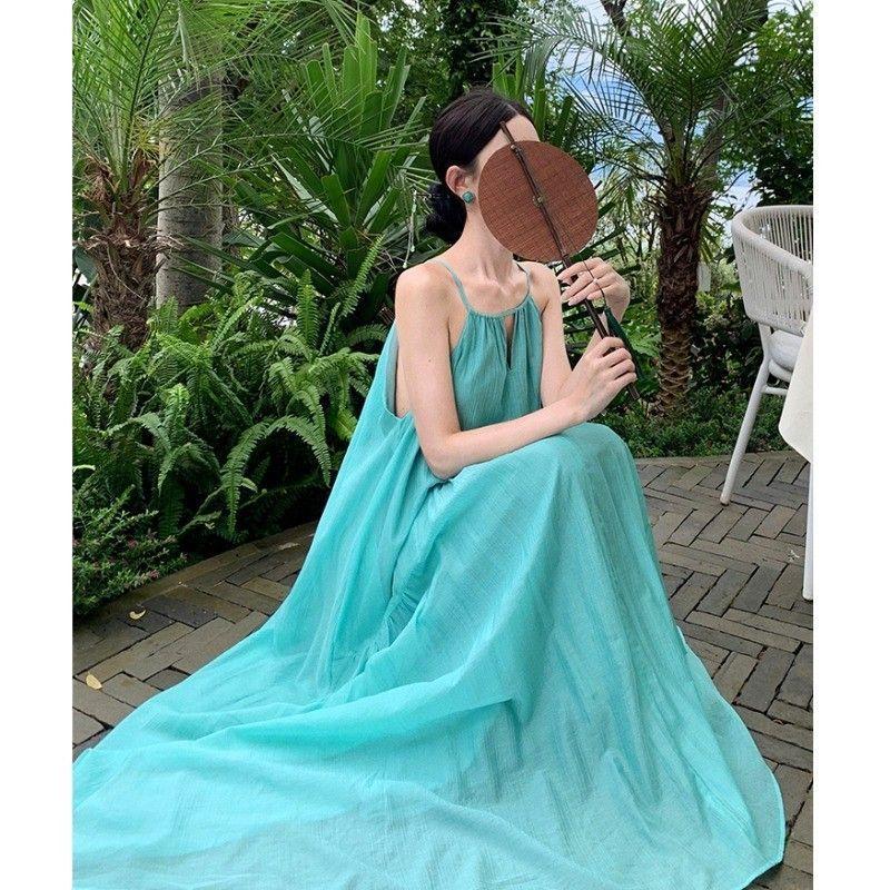 French hollow camisole dress for women, summer seaside vacation beach dress, pleated lazy and relaxed long skirt