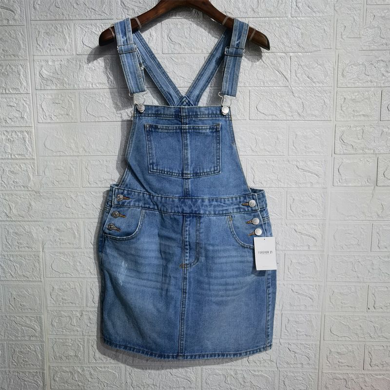 

Original D F21 Women s Clothing Retro American Preppy Style Slimming Youthful-Looking Loose Street Trendy Denim Suspender Skirt Dress Light blue S