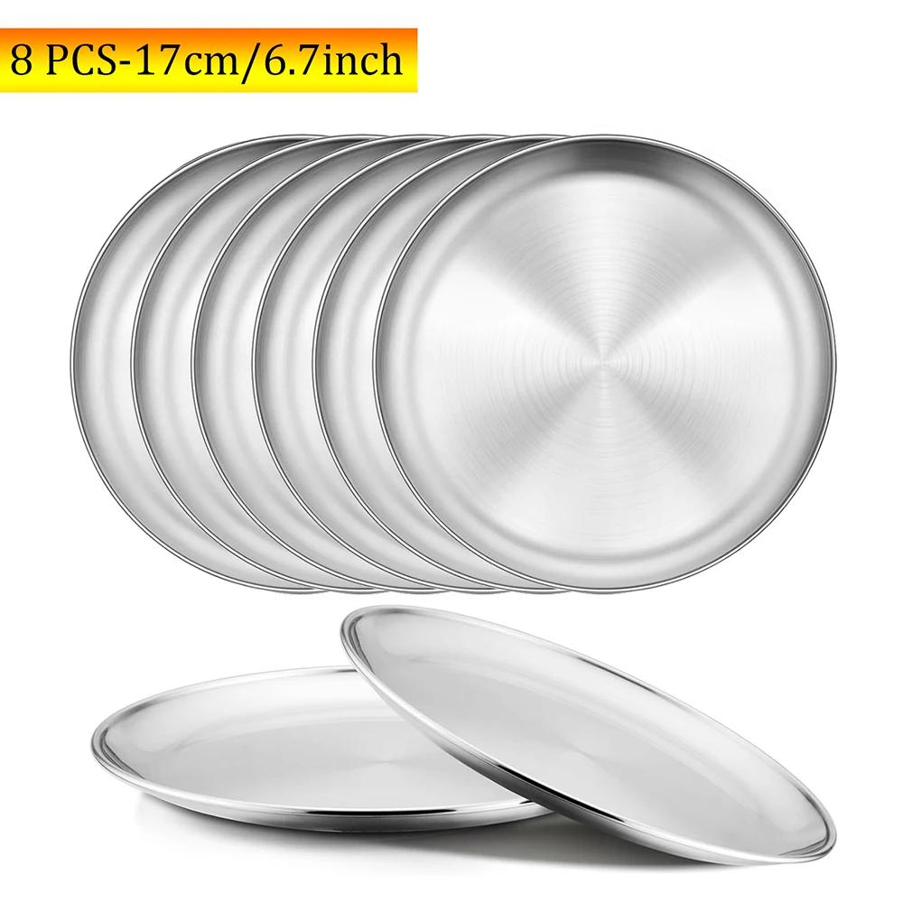 

8Pcs Stainless Steels Round Silver Shallow Tray Plate Rust-Proof 17/20/23/26 Camping Plate BBQ Picnic Dishes Cookware
