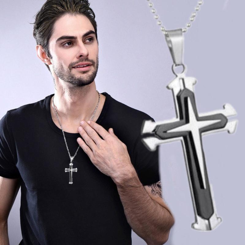 1 colier cu pandantiv cu cruce pentru bărbați, rafinat, amuletă creștină