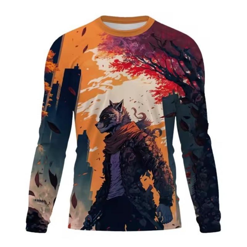 

Мужская круглая горловина с длинными рукавами и цифровым принтом животных и волков, модная спортивная рубашка, повседневная рубашка 6XL