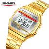 SKMEI 2514 Steel Band LED Light Stopwatch Alarm Classic Wristwatch Men's Digital Watch Retro Square Gold Case Stainless