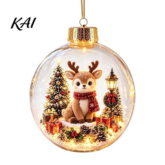 Transparent Holiday Tree Pendants Glowing Christmas Story Ornament, Mini Scene In Ball with Warm LED Illuminated Winter Ornaments Light,