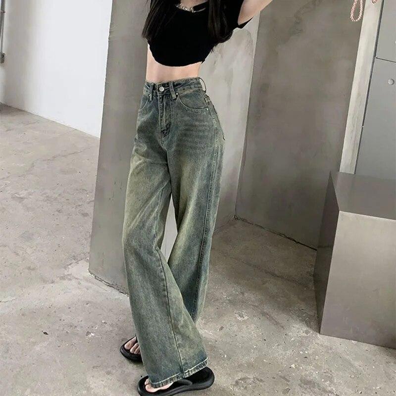 Jaren 2000 Vintage Verlengen Rechte Jeans Vrouwen Chique Koreaanse Hoge Taille Gewassen Denim Broek Vrouwelijke Elegante Streetwear Losse Wijde Pijpen Broek
