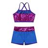 Kids Girls Swimming Dance Athletic Outfit Shoulder Straps Sequins Crop Top+Shorts Gymnastics Clothes