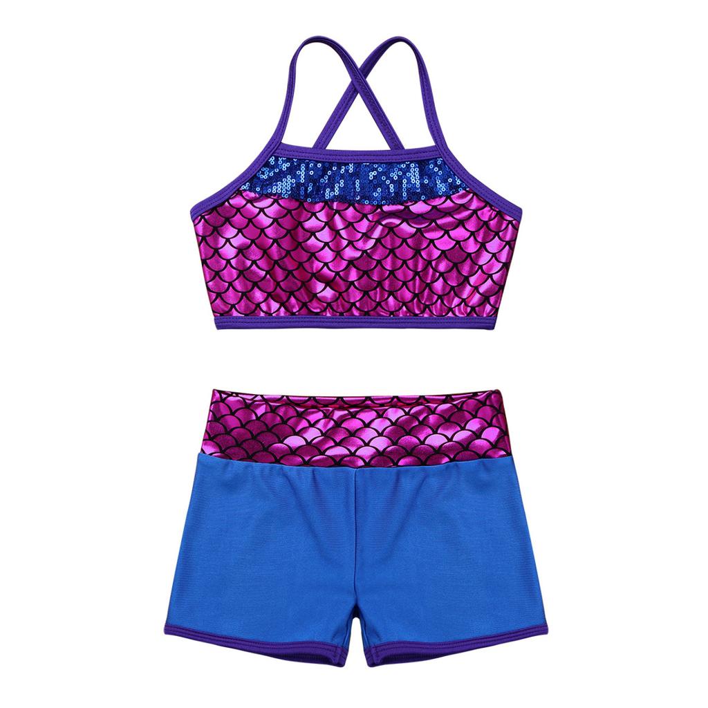 Kids Girls Swimming Dance Athletic Outfit Shoulder Straps Sequins Crop Top+Shorts Gymnastics Clothes