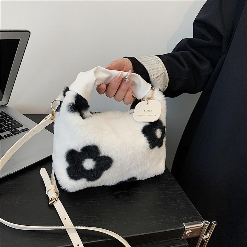 Women Faux Fur Soft Plush Handbags Ruched Handle Small Shoulder Crossbody Bag Casual Fluffy Totes Purse Winter Bags For Women