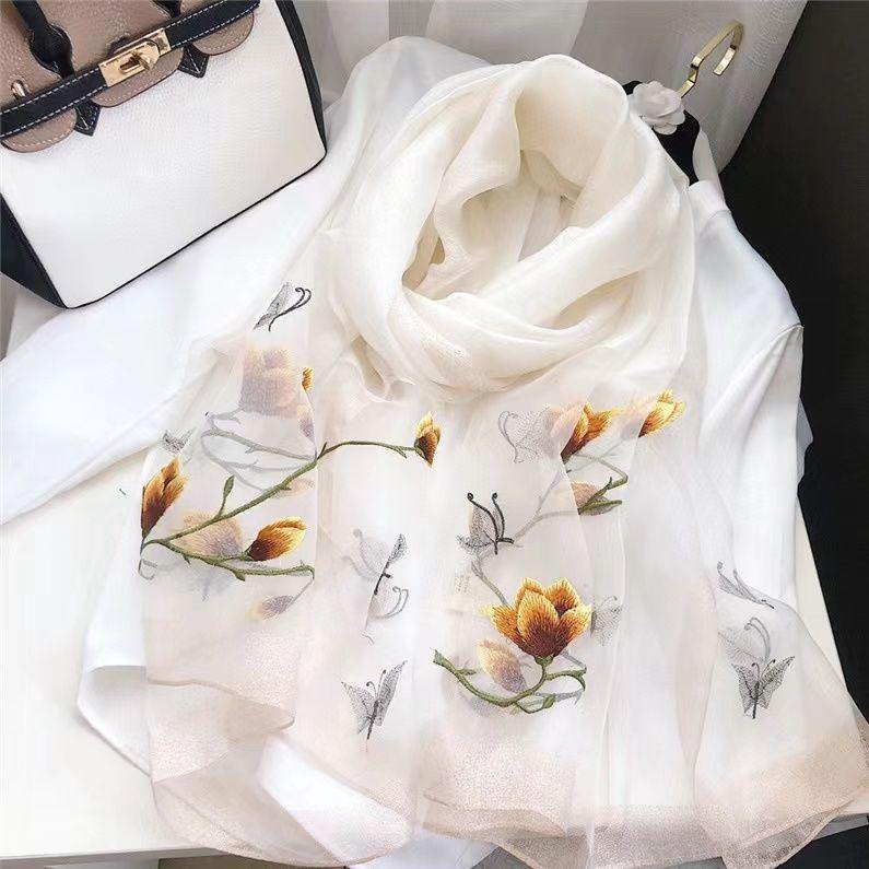 

Шерстяной вышитый шелковый шарф, универсальная модная шаль, фиолетово-серый шарф из шелка «Магнолия» для матери