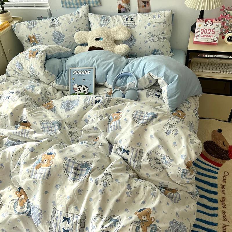 Cartoon Pattern Printed Super Soft Bedding Sets Washed Cotton Cozy Breathable Bedsheet with Pillowcase Adult Child Comfort Set