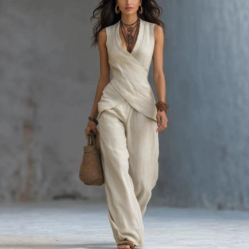 QICED Combinaisons Pantalon Casual sans Manches à Col en V pour Femmes