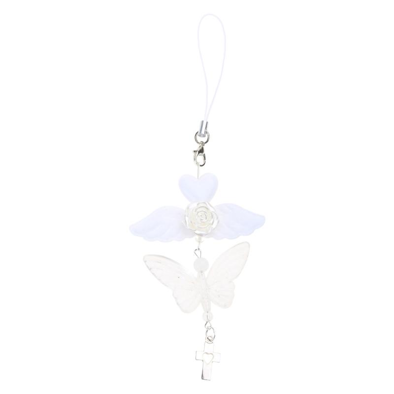 Sweet Bowknot Phone Charm Angel Wing Pendant Keychain for Bag Accessory Phone Strap Lanyard Beaded Key Chain Jewelry