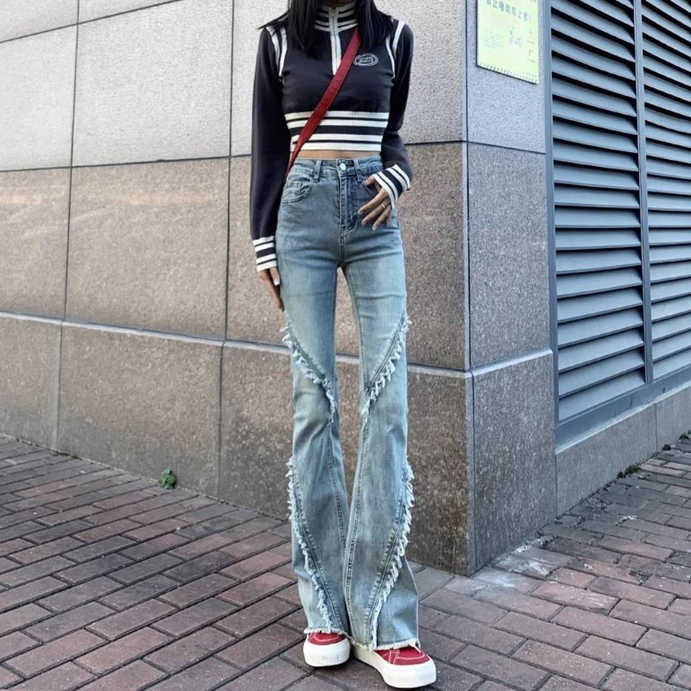 Personalized splicing micro-pull jeans women's spring and autumn new high-waisted slim-fitting and thin versatile horseshoe flared pants