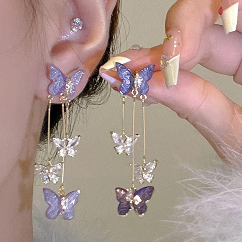 925 Silver Needle Green Red Butterfly Long Tassel Earrings For Women Jewelry Trending Korean Fashion Crystal Drop Earrings