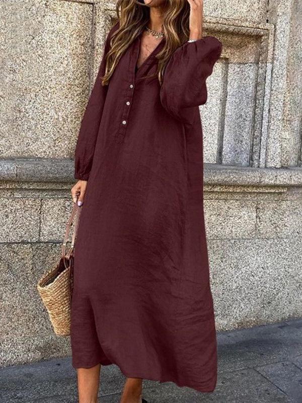 Versatile V-Neck Midi Dress: Cotton Linen, Long-Sleeve, Plus Size, Loose Fit