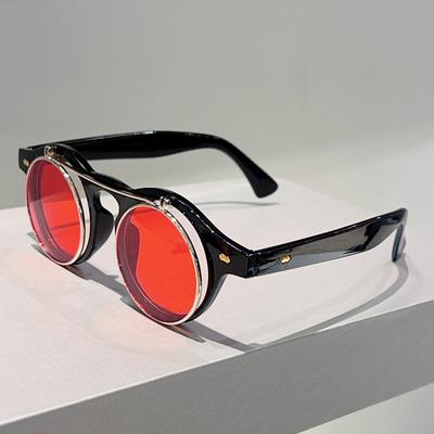 Occhiali da Sole Rotondi Gotici Steampunk Vintage Per Uomo Donna Marca di Lusso Designer Metallo Specchio Lente Flip Occhiali da Sole Uv400