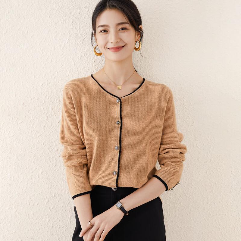 TUHUANG Women's Pure Wool Color-block Knit Cardigan