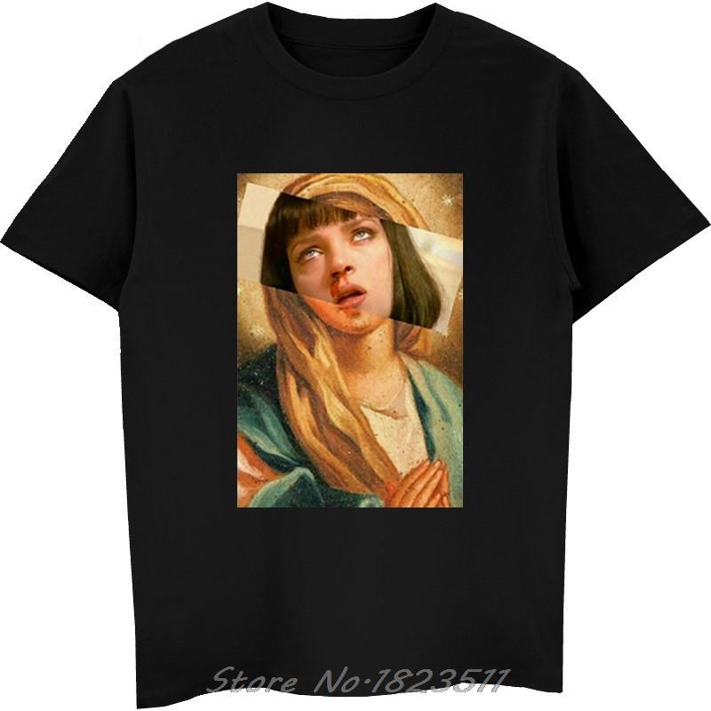 Harajuku Male T-shirt Virgin Mary Mixed Pulp Fiction Mia Wallace T Shirt Men Tshirts Funny Cam