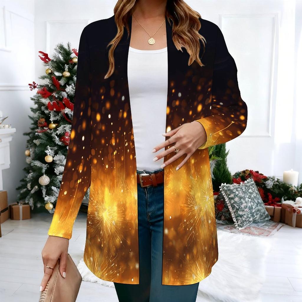 Women's Plaid Spliced 3D Print Long Sleeve Open Front Cardigan, Casual Loose Fit Lightweight Street Style Outerwear