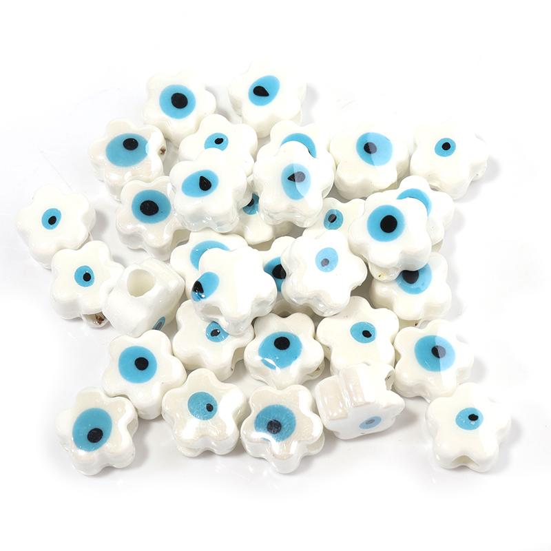 10Pcs/Lot 10mm Ceramic Beads Colorful Flower Shaped Evil Eye Large Hole Loose Beads For Bracelet Necklace Diy Jewelry Making