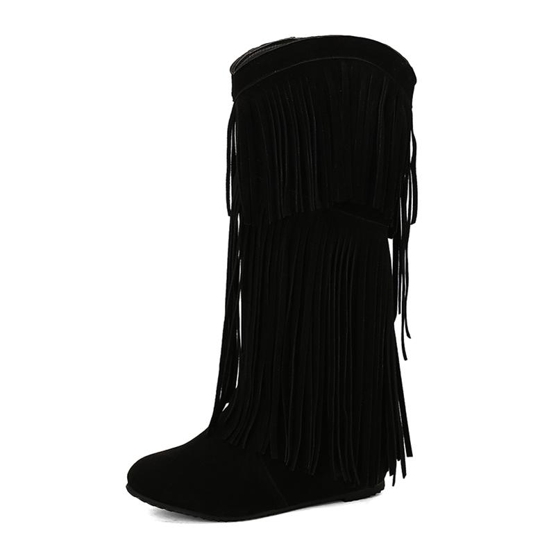 FOREADA Women Knee High Cowboy Boots Round Toe Height Incresing Mid Heels Tassel Western Long Boots Ladies Fashion Shoes Winter 46