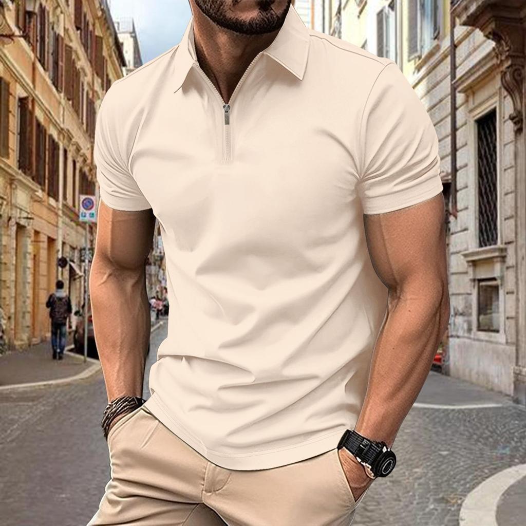 Men's Summer Polo Shirt Casual Zip Short Sleeve Polos Shirts Fashion Solid Color Loop Zipper Lapel Top