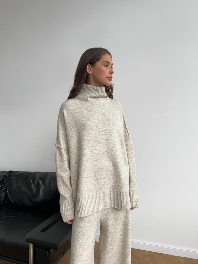 Russian turtleneck split-ended sweater knitted suit women's European and American loose casual wide-leg pants two-piece set