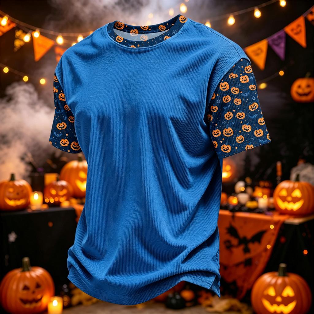 Herren Freizeit Corduroy Kurzarm T-Shirt Leicht Atmungsaktiv Rundhals Oberteil mit Halloween Print Ärmeln und Kragen Design