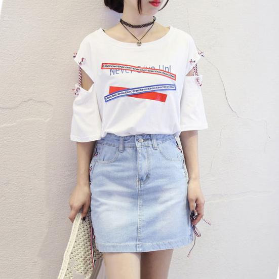 Vintage Women Letter Hollow Half Sleeve Round Neck Loose Tee Top T-shirt Bluzka