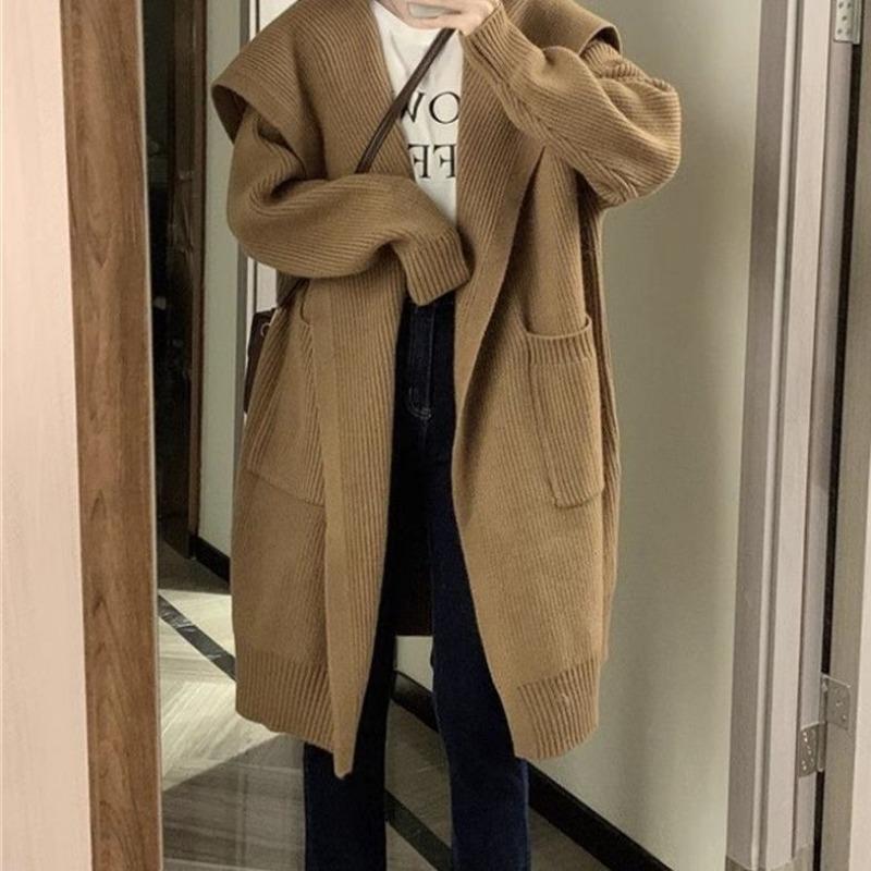 Thickened large sweater jacket women's autumn and winter medium and long loose lazy style retro knitted cardigan new