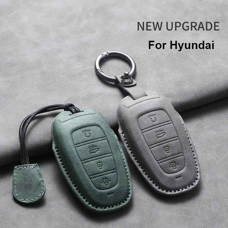Automobile Key Sleeve Unisex Green 4 Buttons Leather Car Key Holder Case Cover For Hyundai Tucson Solaris Sonata Hybrid Nexo Nx4 Santafe Dn8 Car Key Holder Shell