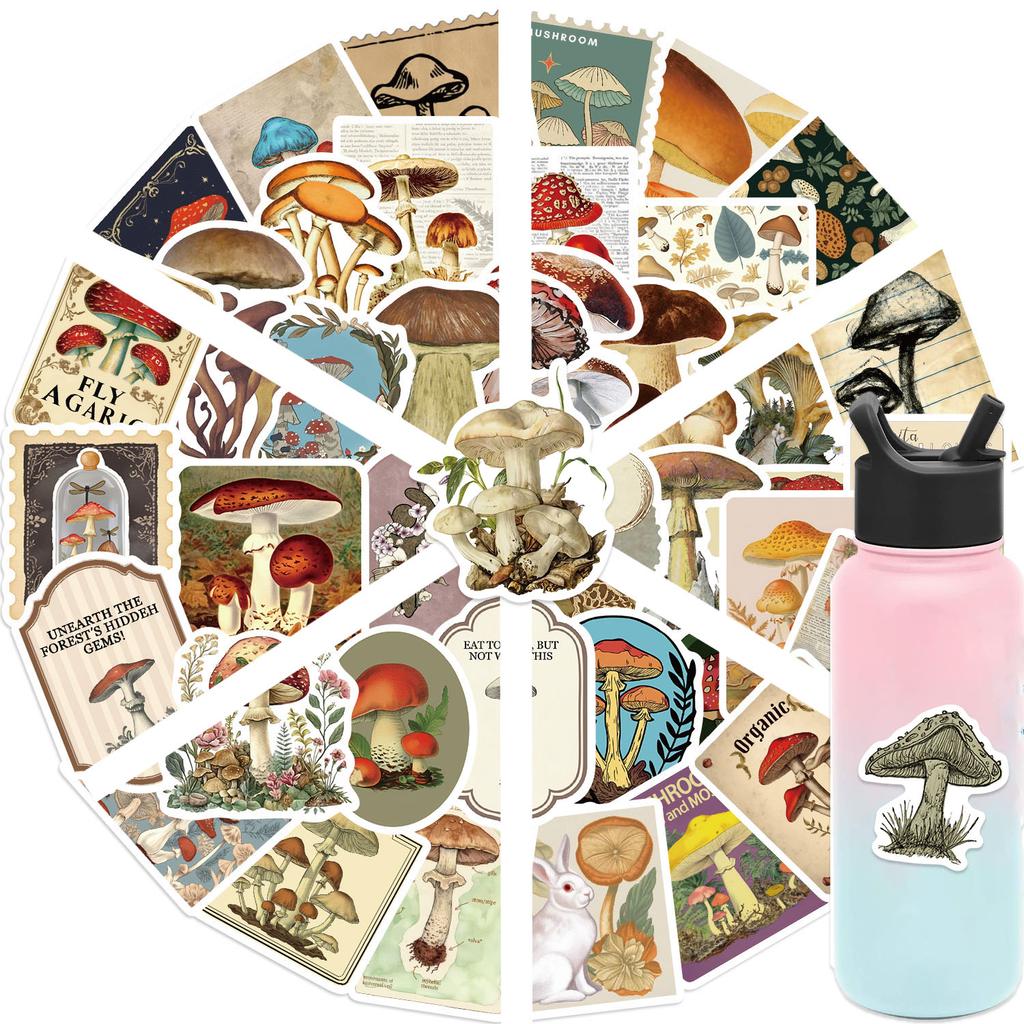 50Pcs Vintage Mushroom Stickers For Diy Scrapbooking Phone Laptop Suitcase Guitar Car Skateboard Helmet Cute Cartoon Sticker
