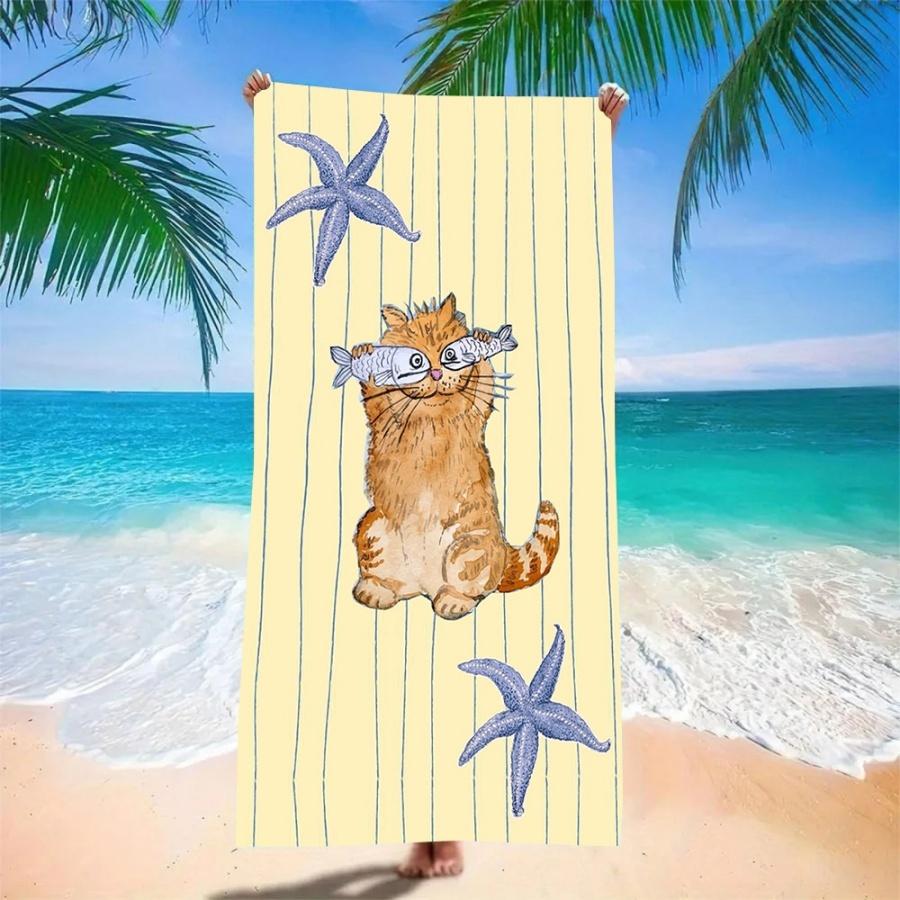 Beach Towel Oversized Sand Free Quick Dry Microfiber Fish Print Yellow Blue Striped Towels for Adults Kids Swim Camping Travel