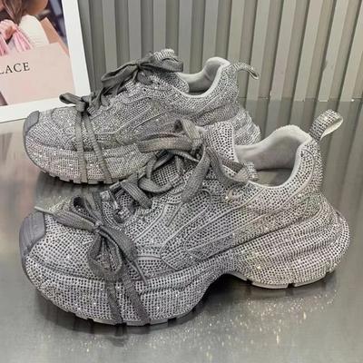 Primavera Outono Moda Novas Mulheres Prata Strass Pai Sapatos Esportivos Confortáveis Ao Ar Livre Sola Grossa Cadarço Tênis Casuais