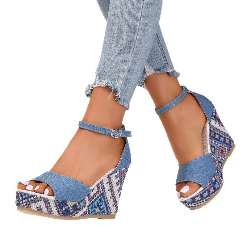 New Style Denim Round Head Hollow One-word Buckle Weave Water Table Muffin Bottom Slope Heel Sandals