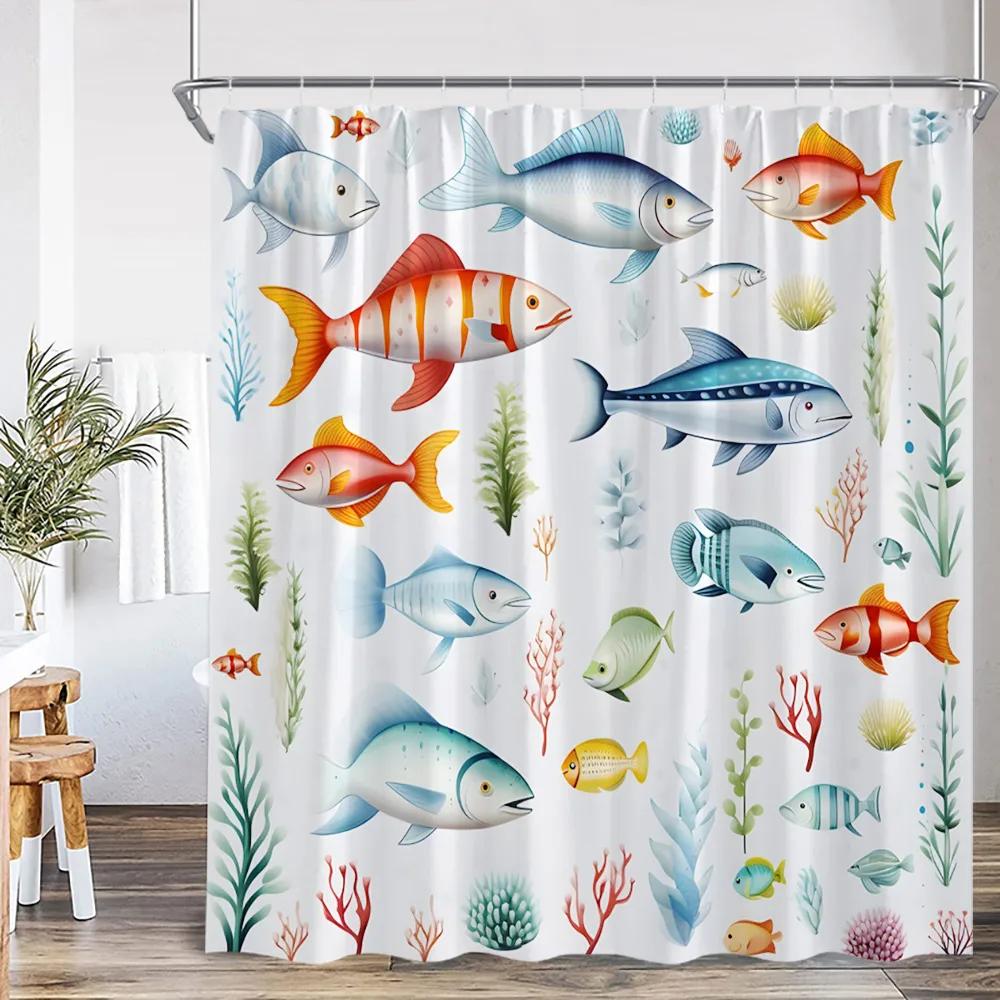 Nautical Cartoon Shower Curtain Tropical Fish Starfish Shell Seaweed Coral Underwater Bathroom Decoration Polyester Bath Curtain