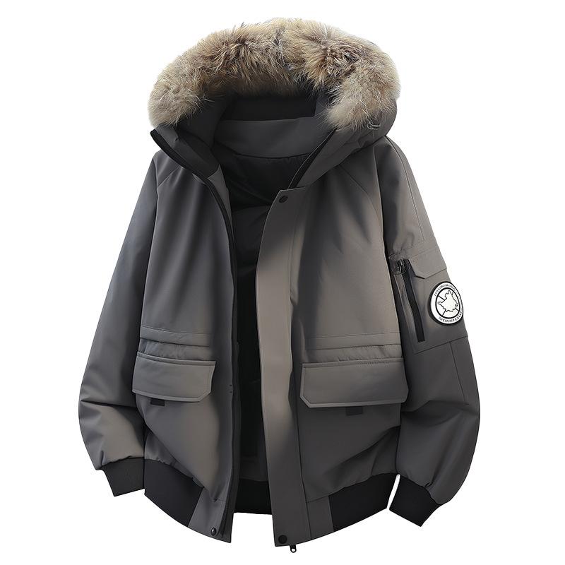 Men's Unisex Windproof Winter Workwear Down Jacket with Warm Hood & Large Fur Collar