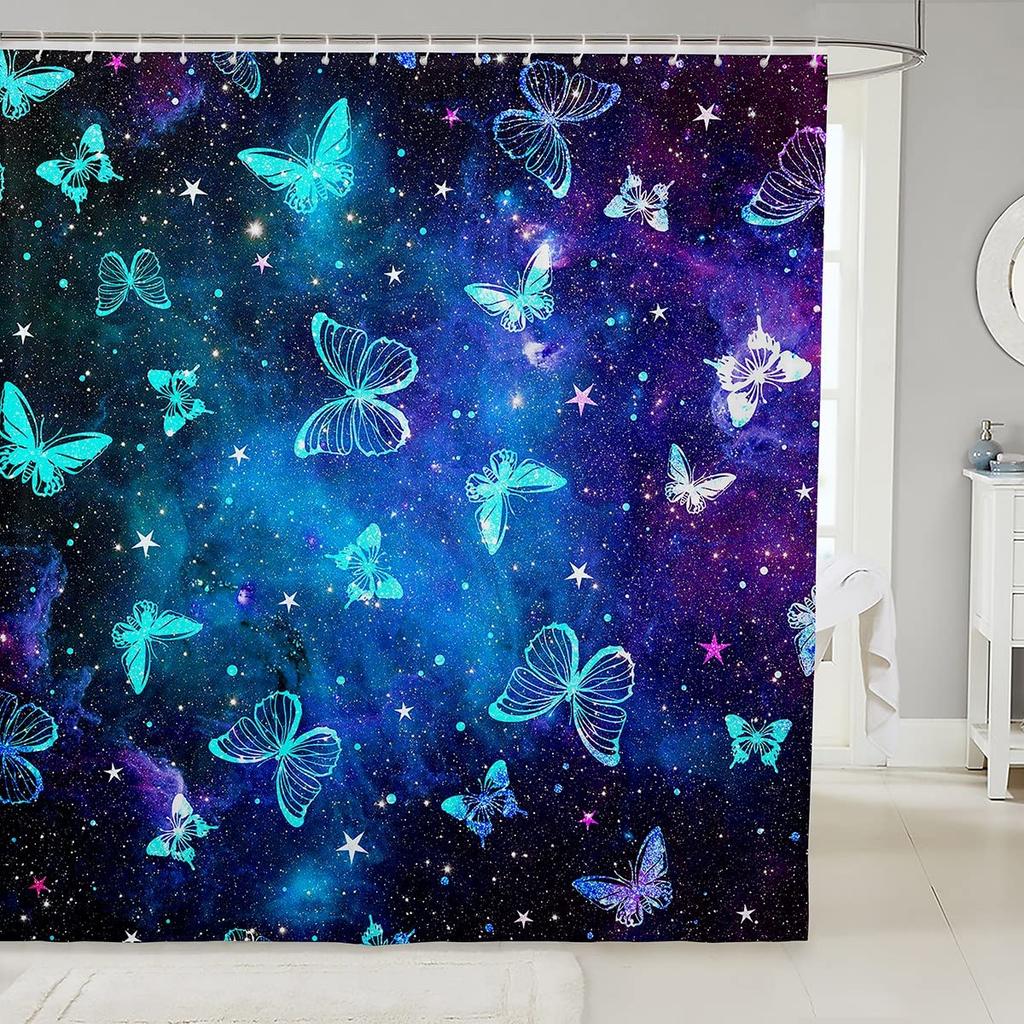 Sternenhimmel Duschvorhang für Badezimmerdeko Sternenklare Galaxie Badewannen-Set Psychedelischer Nebel Universum Planet Badezimmervorhang Set