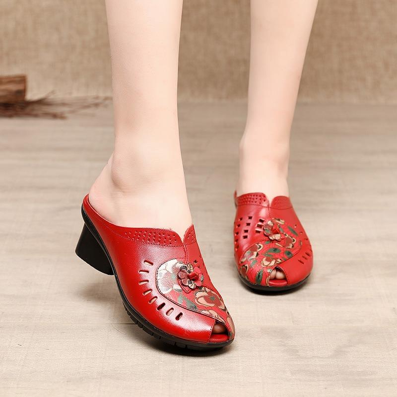 

Крутые тапочки женские летние на толстом каблуке обувь для мамы с открытым носком полутапочки на среднем каблуке полые кожаные тапочки 41 красный