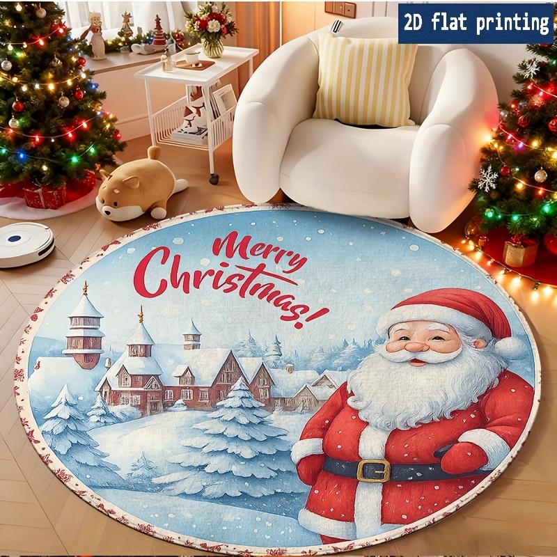 Merry Christmas Santa Snow Village Pine Tree Round Rug for Bedroom Bedside Living Room Sofa Chair Entry Floor Mat Giftbox