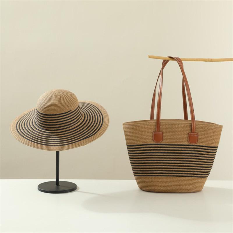 Woven Sun Hat And Large Capacity Straw Tote With Striped Pattern For Travel And Casual Wear