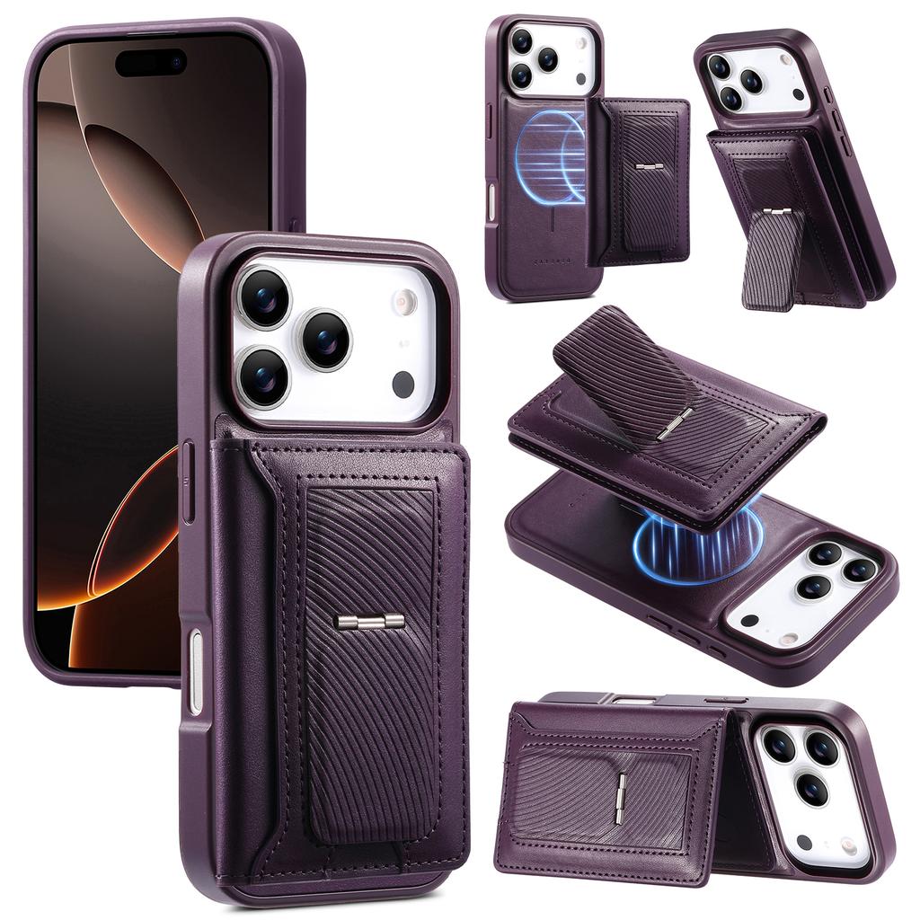 CASENEO For iPhone 17 Pro Detachable Magnetic Phone Case with Card Holder Kickstand TPU PU Leather PC Phone Cover Compatible with MagSafe