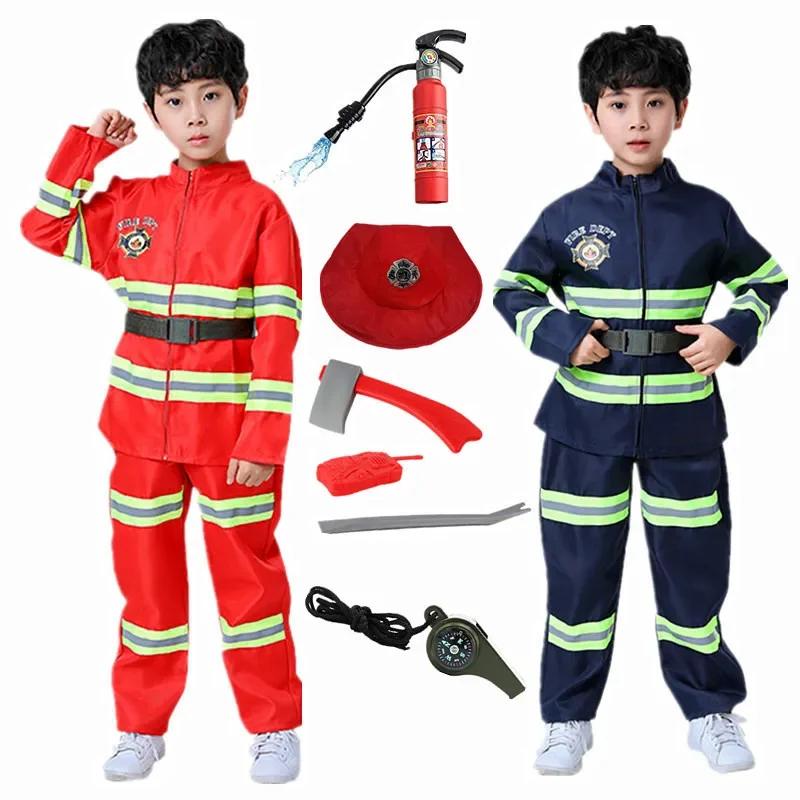 Child Red Firefighter Costume Printed Reflective Stripes Warning Firefighting Uniform with Walkie Talkie Compass Whistle Toys
