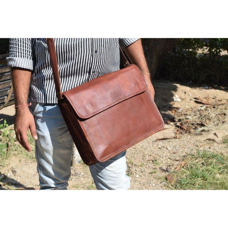 Handmade Leather Messenger Bag: Laptop Satchel, Crossbody Travel Bag