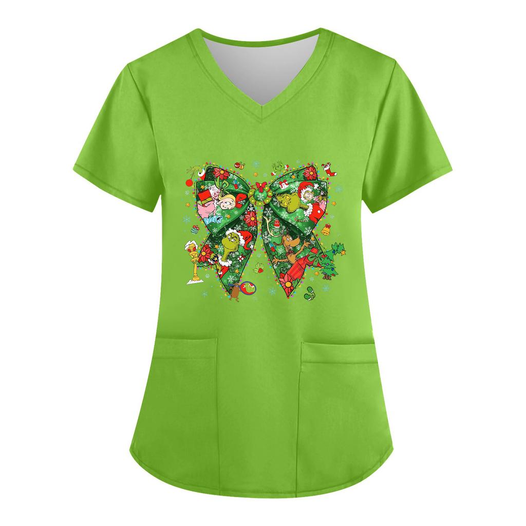 Women's V-neck Christmas Print Short-sleeved Pocket Side Slit Uniform Top