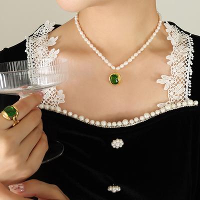 French Court Style Does Not Fade Light Luxury Natural Freshwater Pearl Necklace Emerald Zircon Pendant Jewelry Women